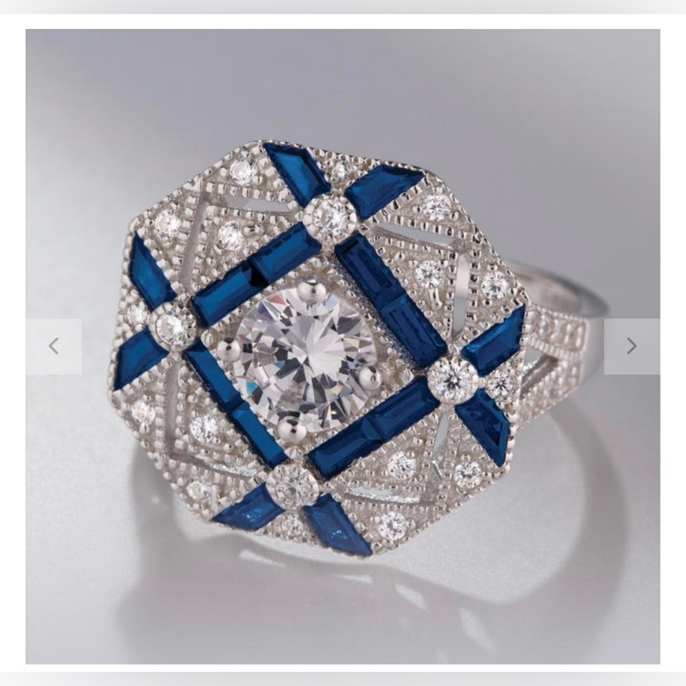 Art Deco Style Blue n White Crystal CZ Ring